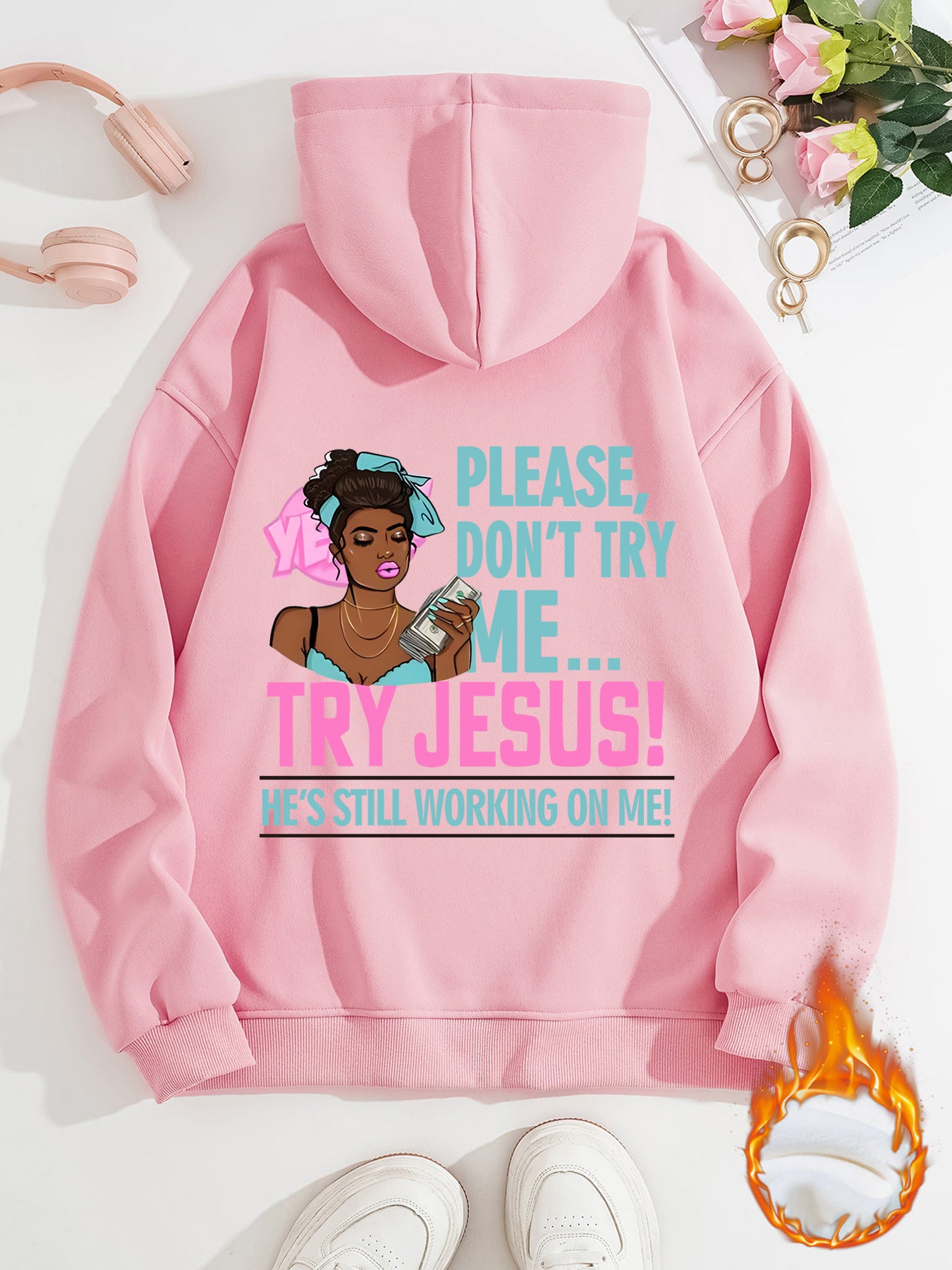 Long sleeved fleece sweatshirt top with TRY JESUS print