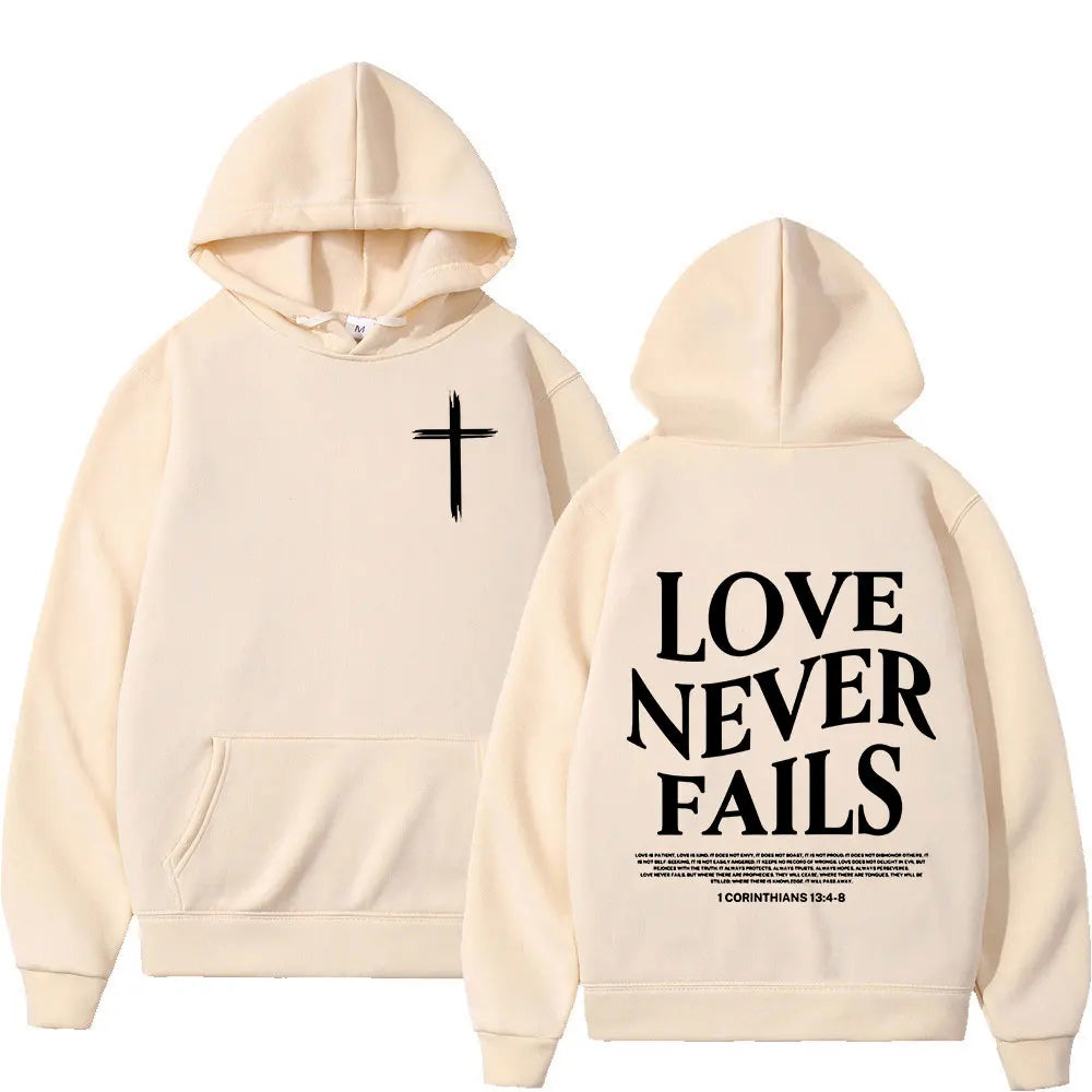 Christian Jesus Love Never Fails Bible Verse Hoodies Men's Women Clothing Harajuku Vintage Hooded Sweatshirts Hip Hop Tracksuit