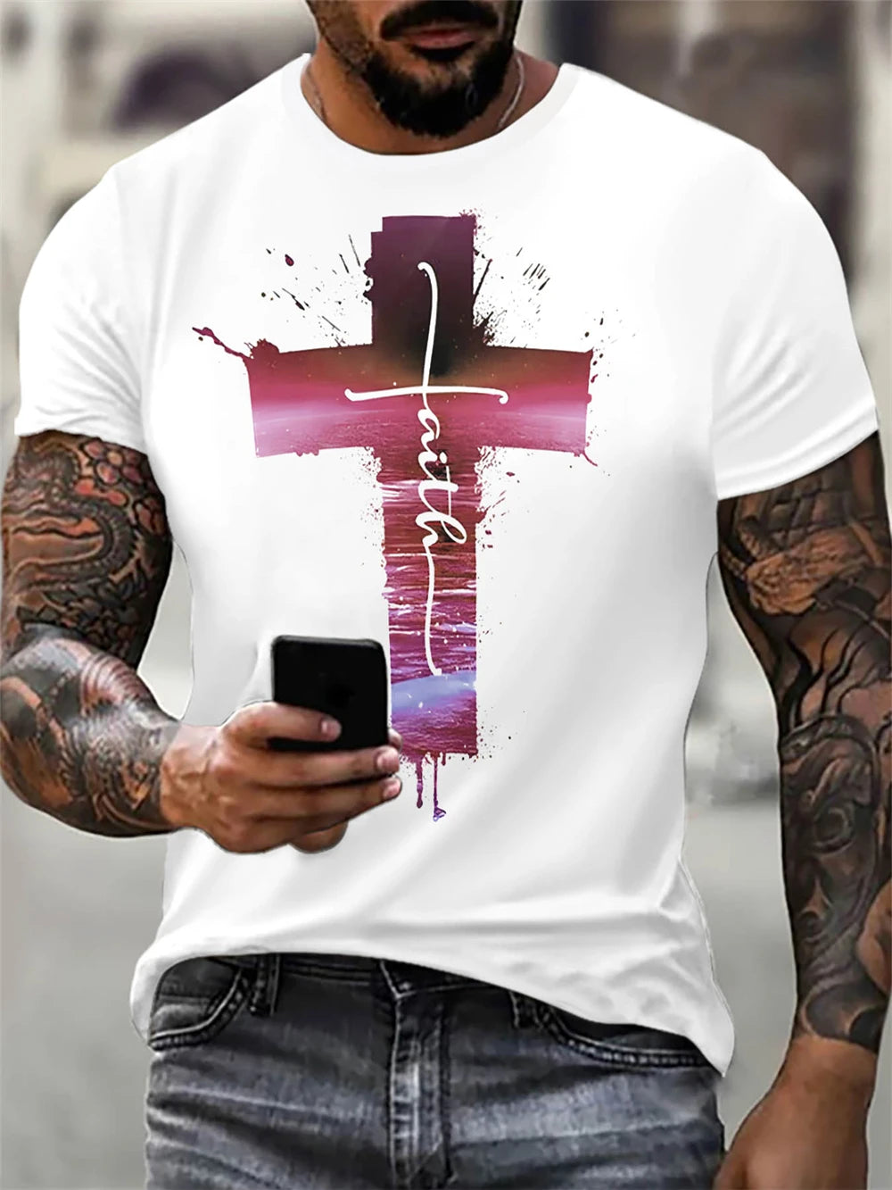 Christian Mens Clothing T Shirts Oversized T Shirt Gothic Jesus Christ Cross 3D Print O-Neck Tops Vintage Hip Hop Short Sleeve