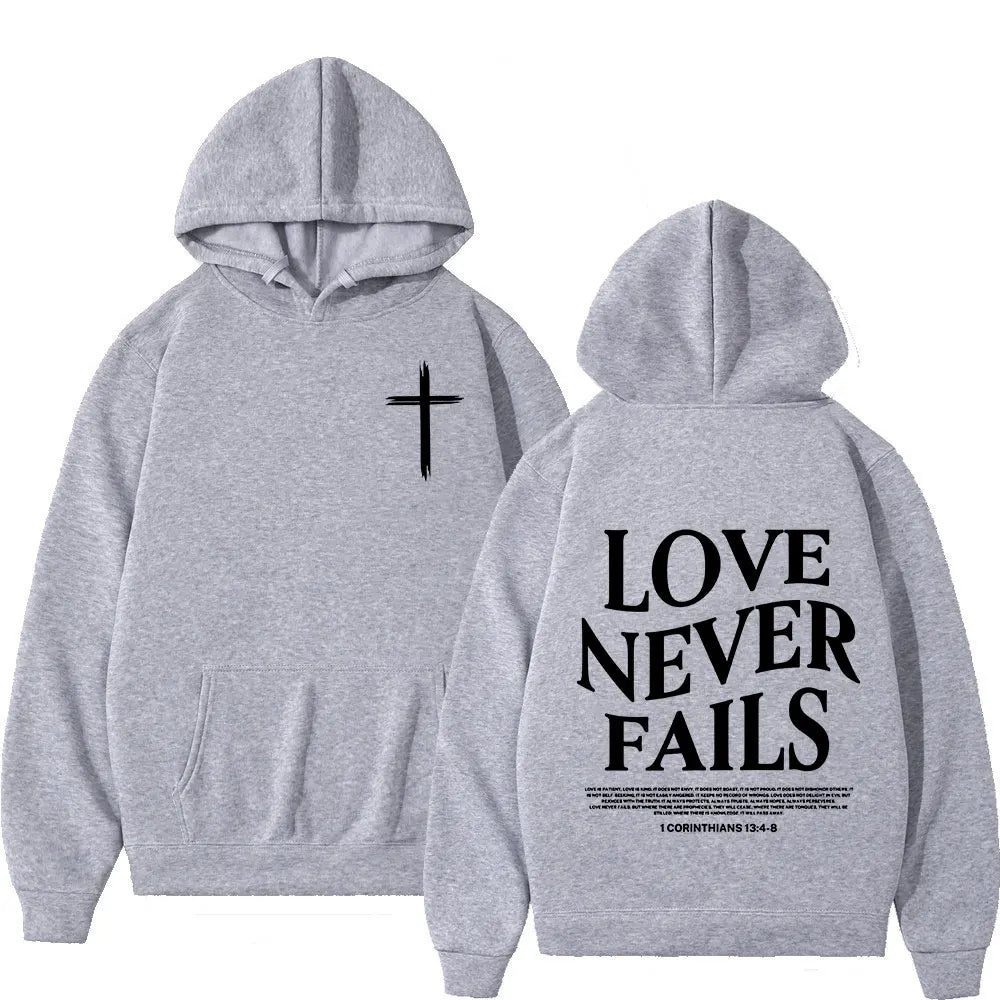 Christian Jesus Love Never Fails Bible Verse Hoodies Men's Women Clothing Harajuku Vintage Hooded Sweatshirts Hip Hop Tracksuit