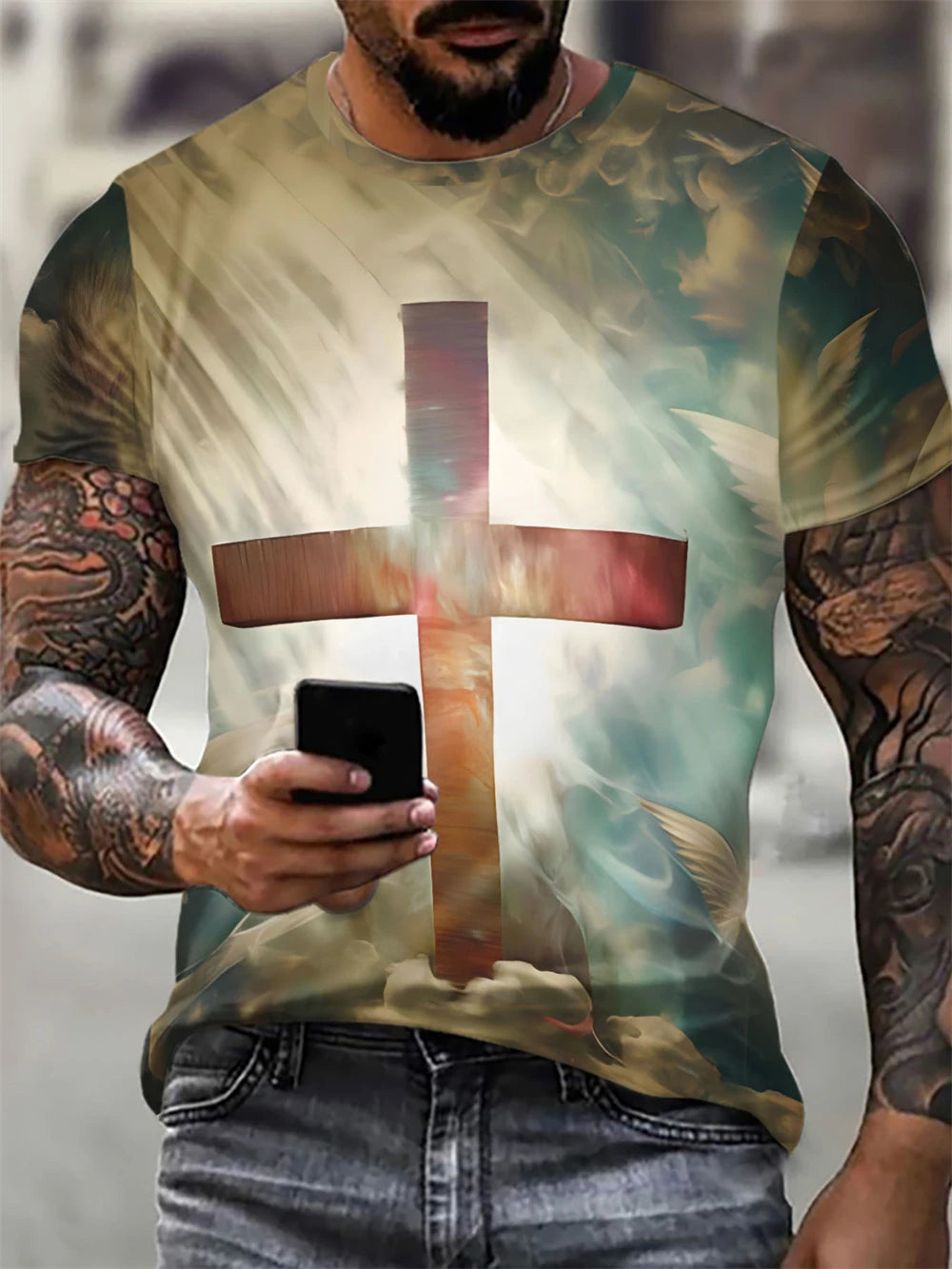 Christian Mens Clothing T Shirts Oversized T Shirt Gothic Jesus Christ Cross 3D Print O-Neck Tops Vintage Hip Hop Short Sleeve