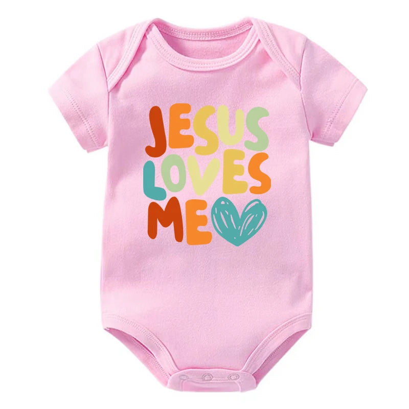 Jesus Loves Me Printed Baby Bodysuit Funny Newborn Romper Infant Short Sleeve Jumpsuit Cotton Toddler Clothes Jesus Gift