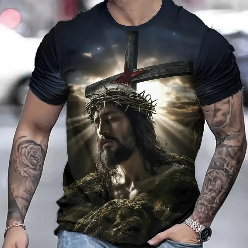 Jesus Cross Pattern 3D Print T-Shirts Men's Round Neck Short Sleeve T Shirt Oversized Streetwear Tees Harajuku Tops Man Clothing