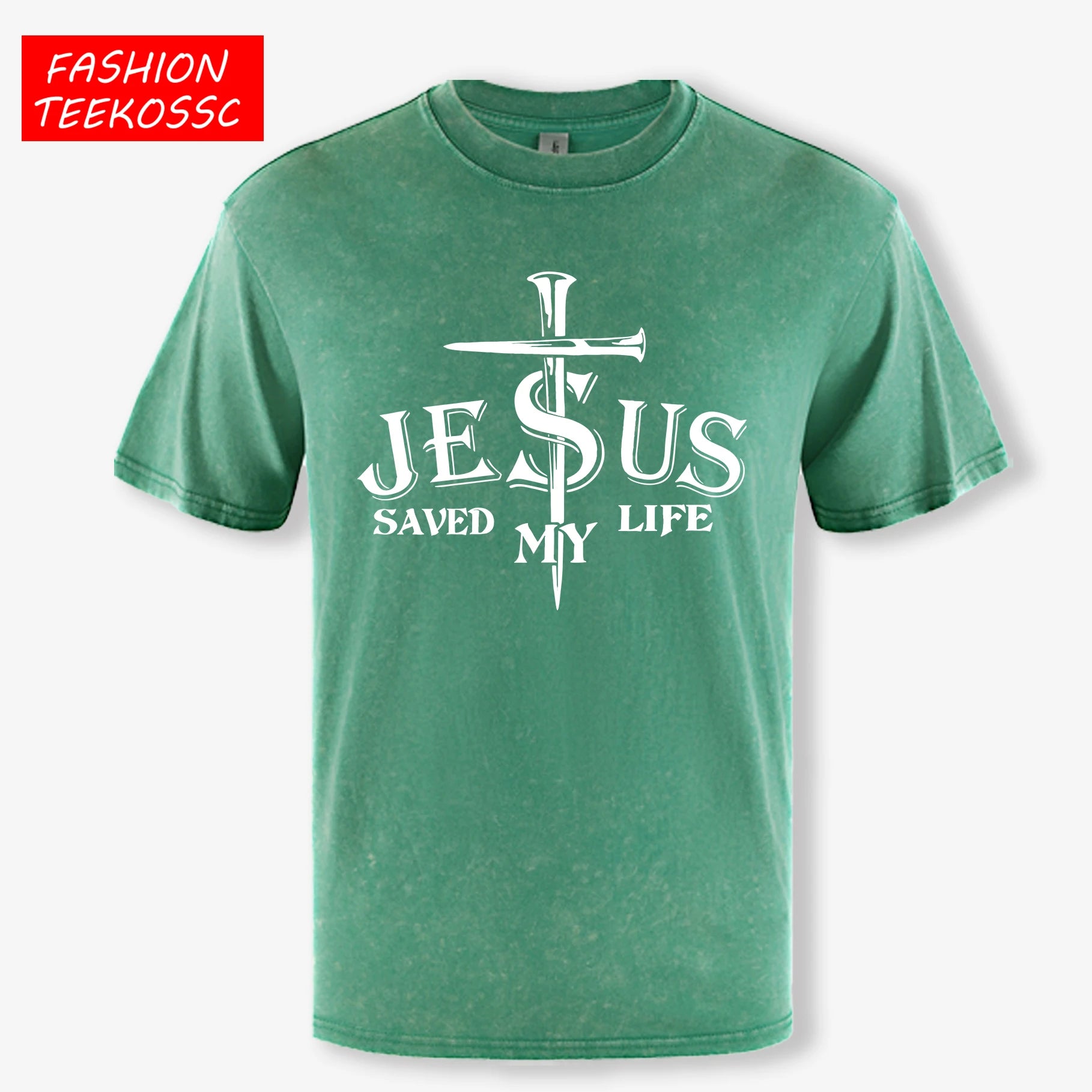 Jesus Saved My Life Letter Graphic Design Washed Mans T Shirt Summer Loose Trendy Tee Soft Cotton Clothes Basics Short Sleeve