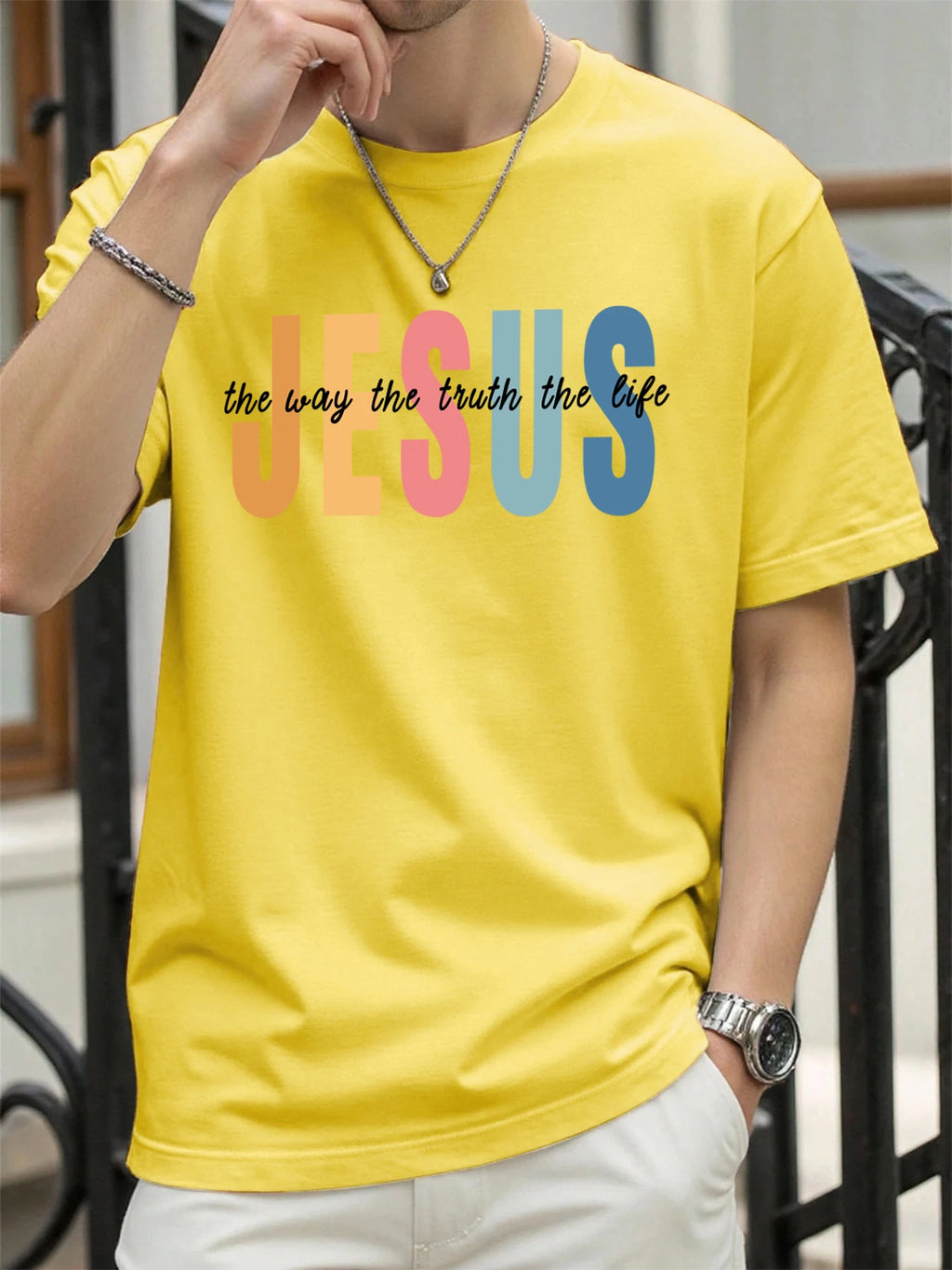 Jesus Color Letter Creative Printed T Shirt Man Summer All-Match Tops O-Neck Hip Hop Short Sleeve Men Cotton Breathable T-Shirts