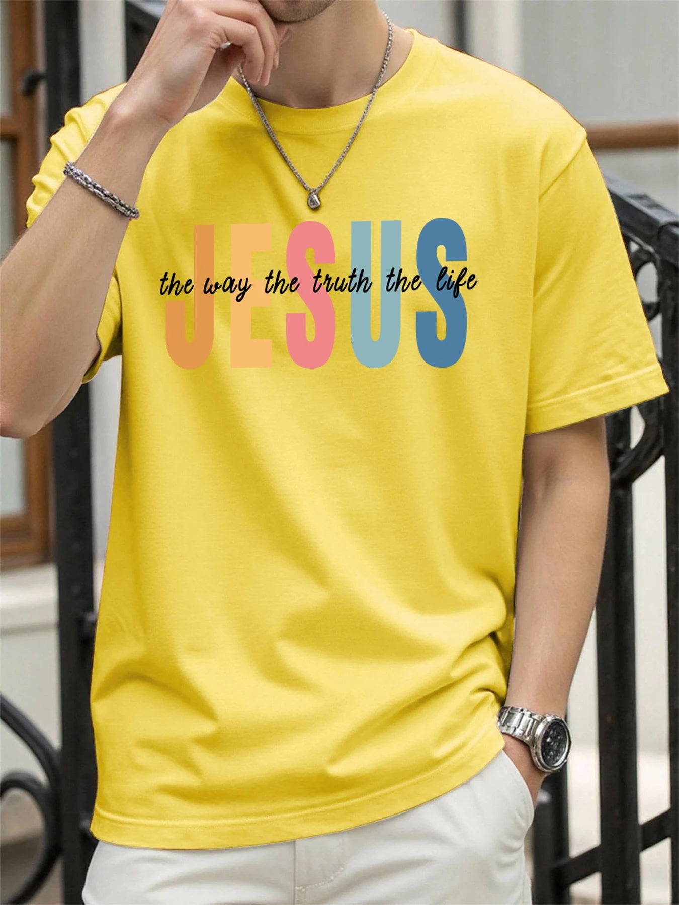 Jesus Color Letter Creative Printed T Shirt Man Summer All-Match Tops O-Neck Hip Hop Short Sleeve Men Cotton Breathable T-Shirts