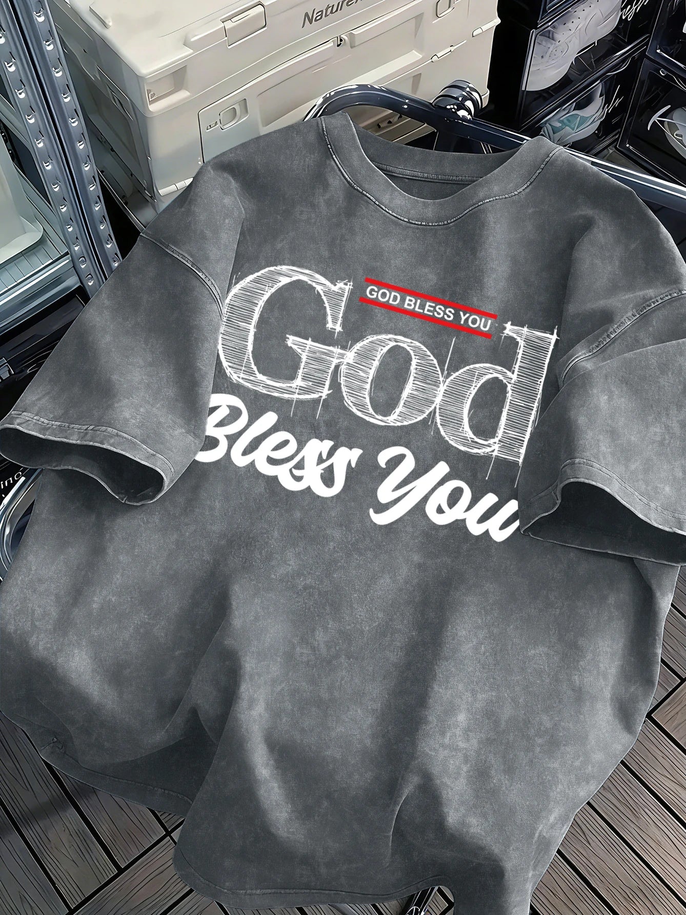 God Bless You Design Snow Washed T-Shirt Mens Summer Loose Retro Short Sleeve Unisex Cotton Top Fashion All-Match Clothing