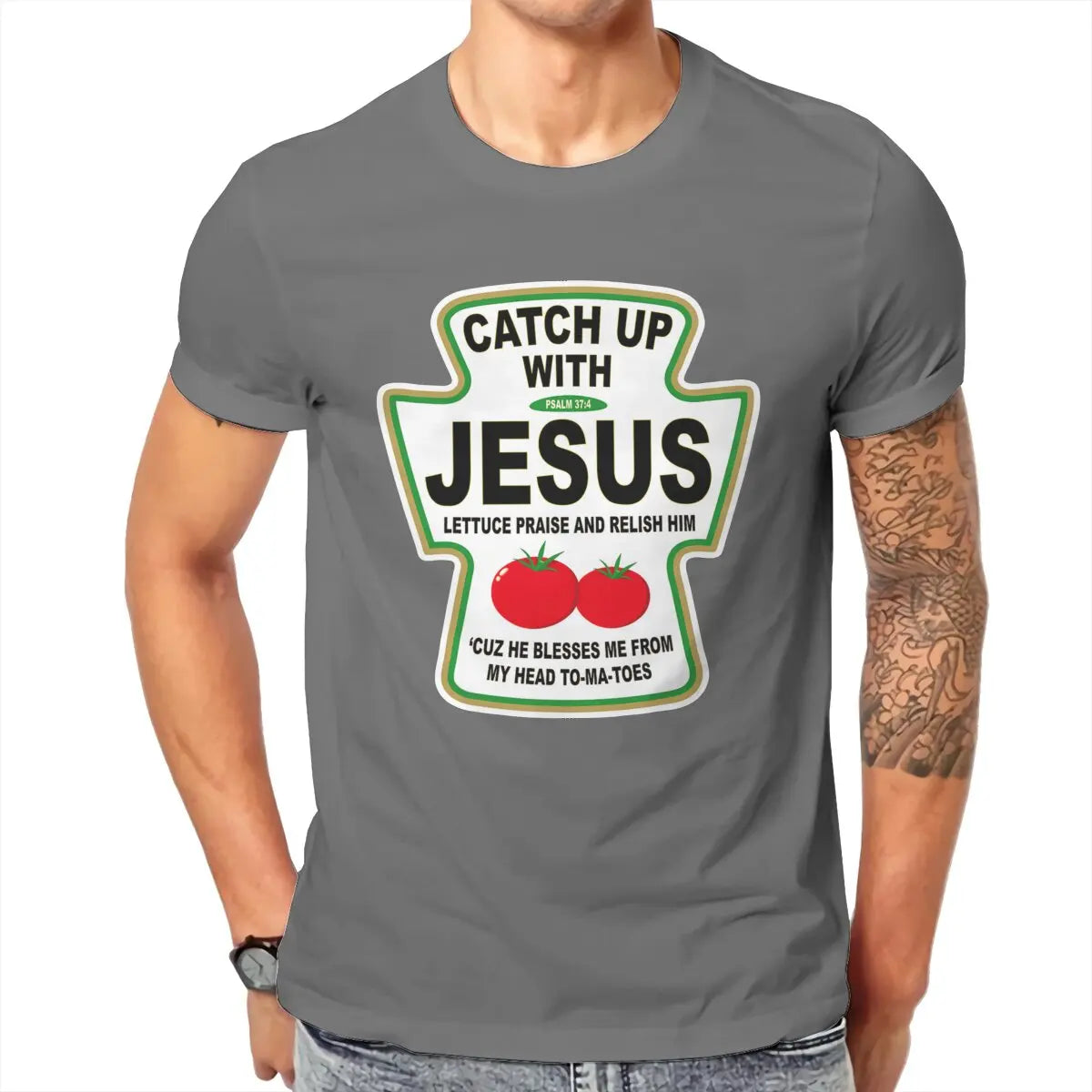 Christian Catch Up With Jesus Ketchup Men's T Shirt Christ Religion Casual Tee Shirt T-Shirts 100% Cotton Printed Tops