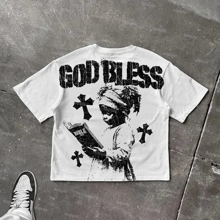 God Bless Children's Prayer Graphic Print Cotton T-shirt Men Women High Quality Tops Vintage Style T Shirt Outside Streetwear