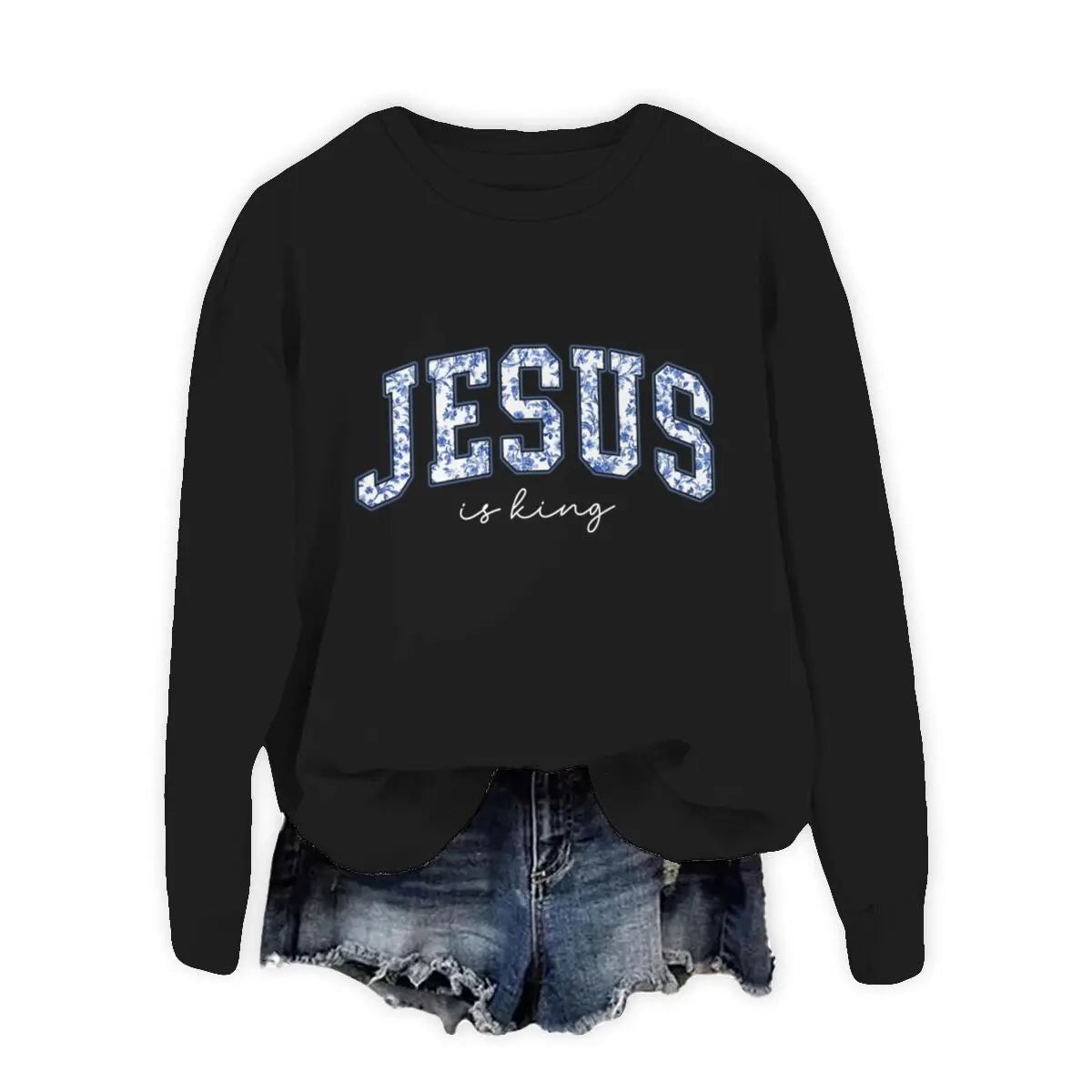 Christian Faith Long Sleeve Pullover Top Comfort Jesus Is King Sweatshirt Christians Blue Floral Jesus Design Women's Sweater