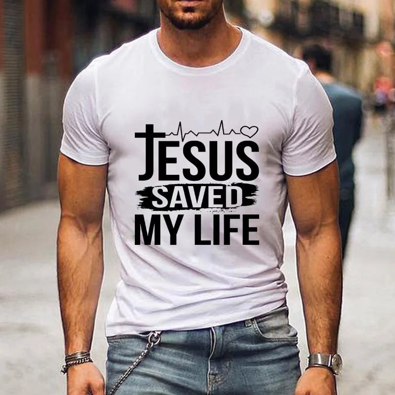 Jesus Saved My Life Letter Print T-shirt Men's Fashion Summer Comfortable Round Neck Shirt T-shirt