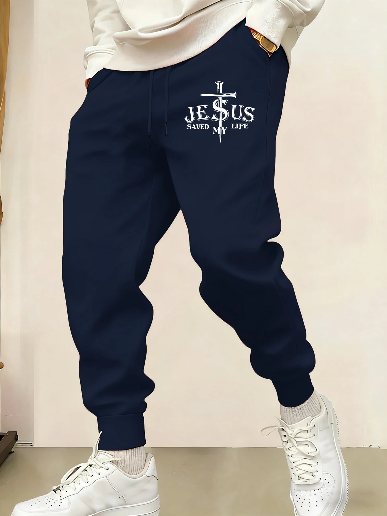 Jesus Saved My Life Letter Printed Male Sweatpants Pocket Warm Britches Comfortable Street Long Pants Y2K Hip Hop Trousers