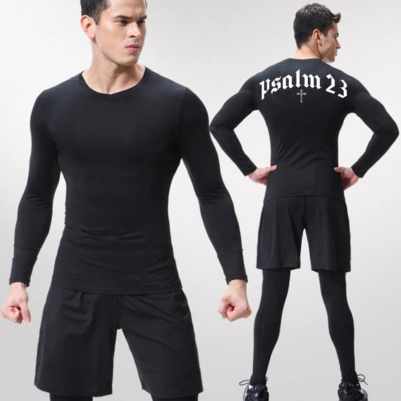 Psalm 23 Cross Print Compression Shirt for Men Sporty Quick Dry Tees Tshirt Tops Gym Workout Fitness Undershirts Baselayers
