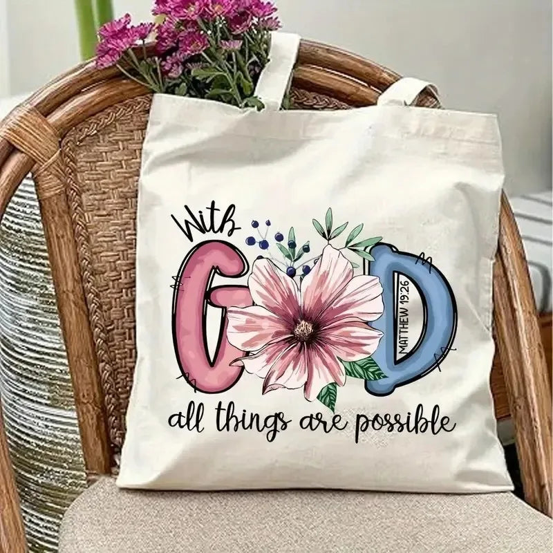 God Is Good  All Things Are Possible Canvas Tote Bag  Christian Shoulder Bag Bible Verse Print  Christianity Bags for Women