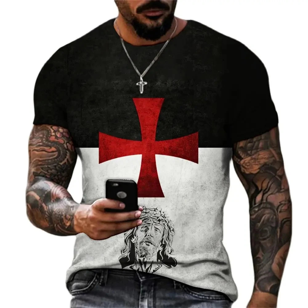 Jesus Christ Cross 3D Print Christian Mens Clothing T Shirts Oversized Vintage T Shirt O-neck Tops Hip Hop Short Sleeve
