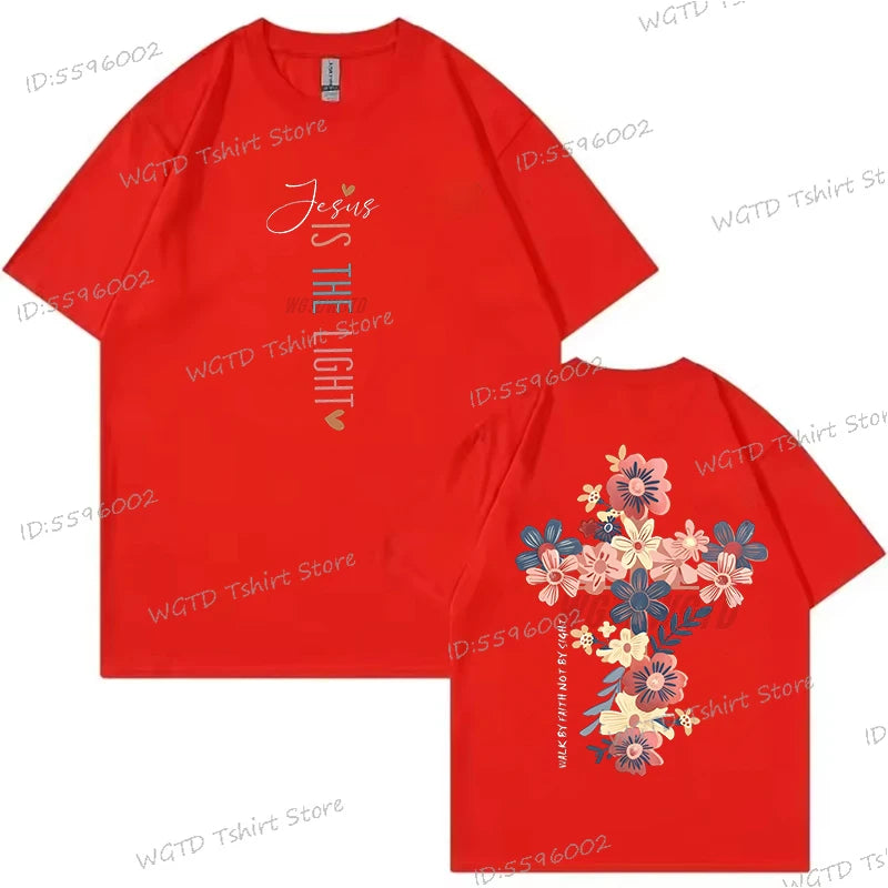 Jesus Is The Light Christian T Shirt Inspirational Floral Cross Vintage T Shirts Women Gift for Christian Religious T Shirts