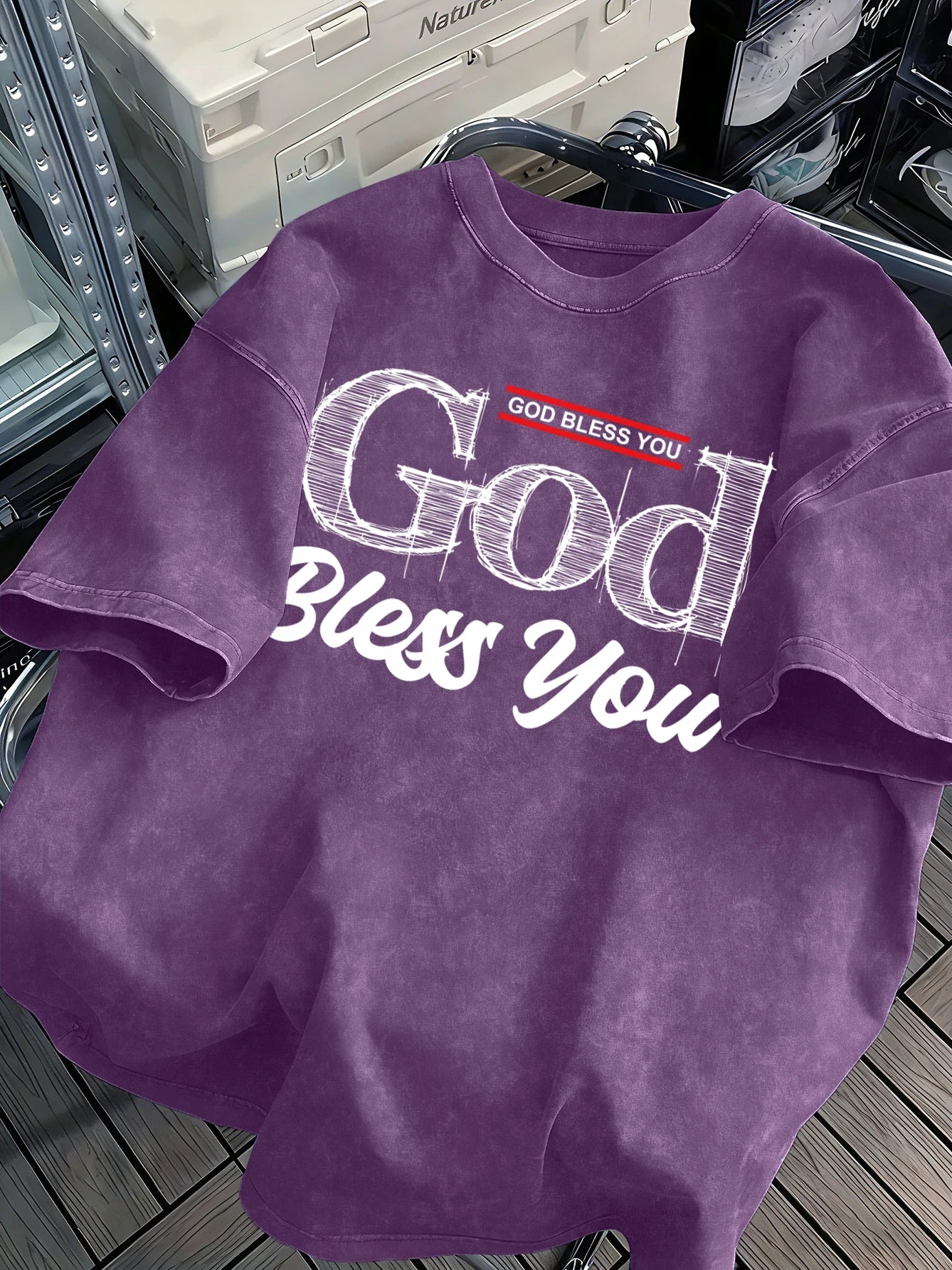 God Bless You Design Snow Washed T-Shirt Mens Summer Loose Retro Short Sleeve Unisex Cotton Top Fashion All-Match Clothing
