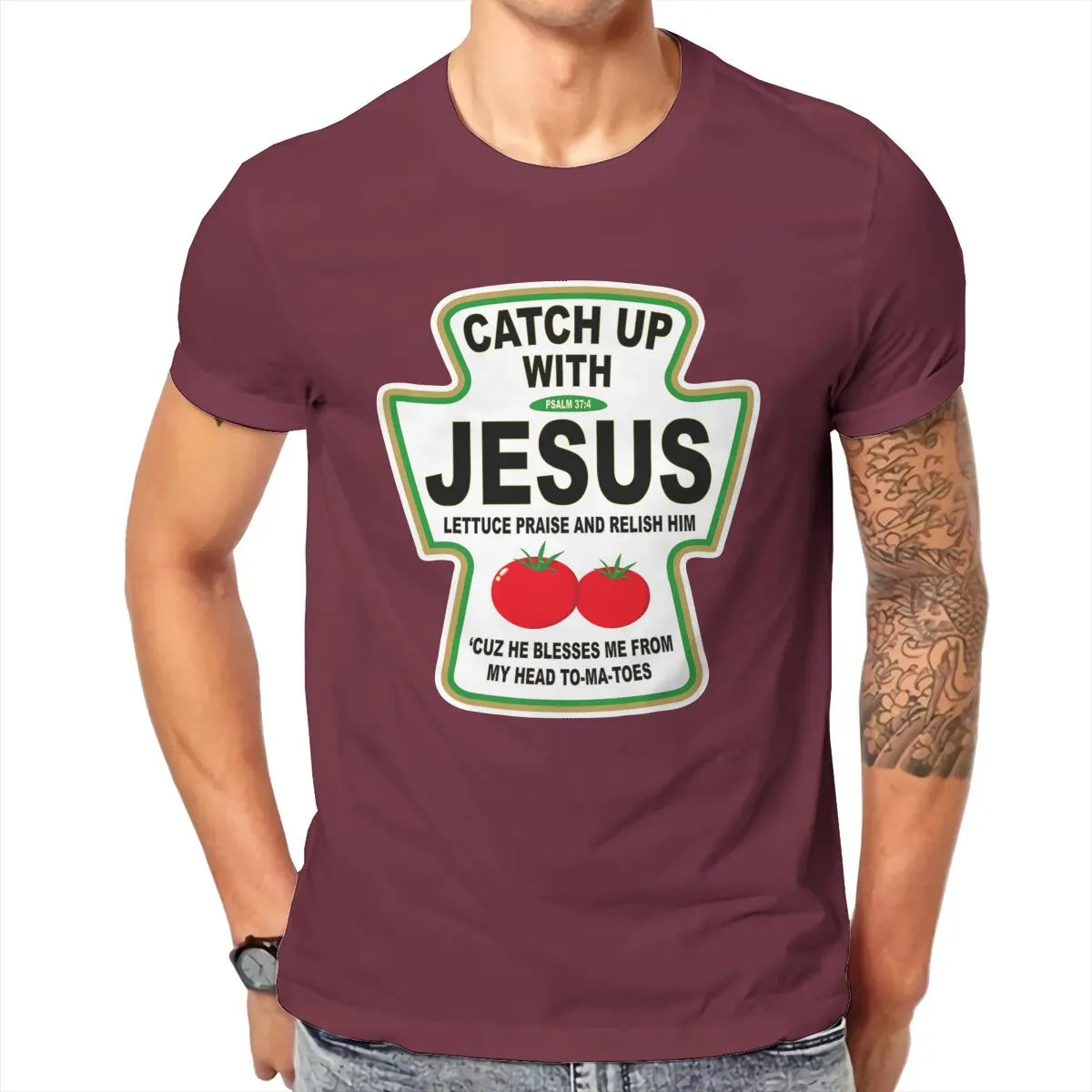 Christian Catch Up With Jesus Ketchup Men's T Shirt Christ Religion Casual Tee Shirt T-Shirts 100% Cotton Printed Tops