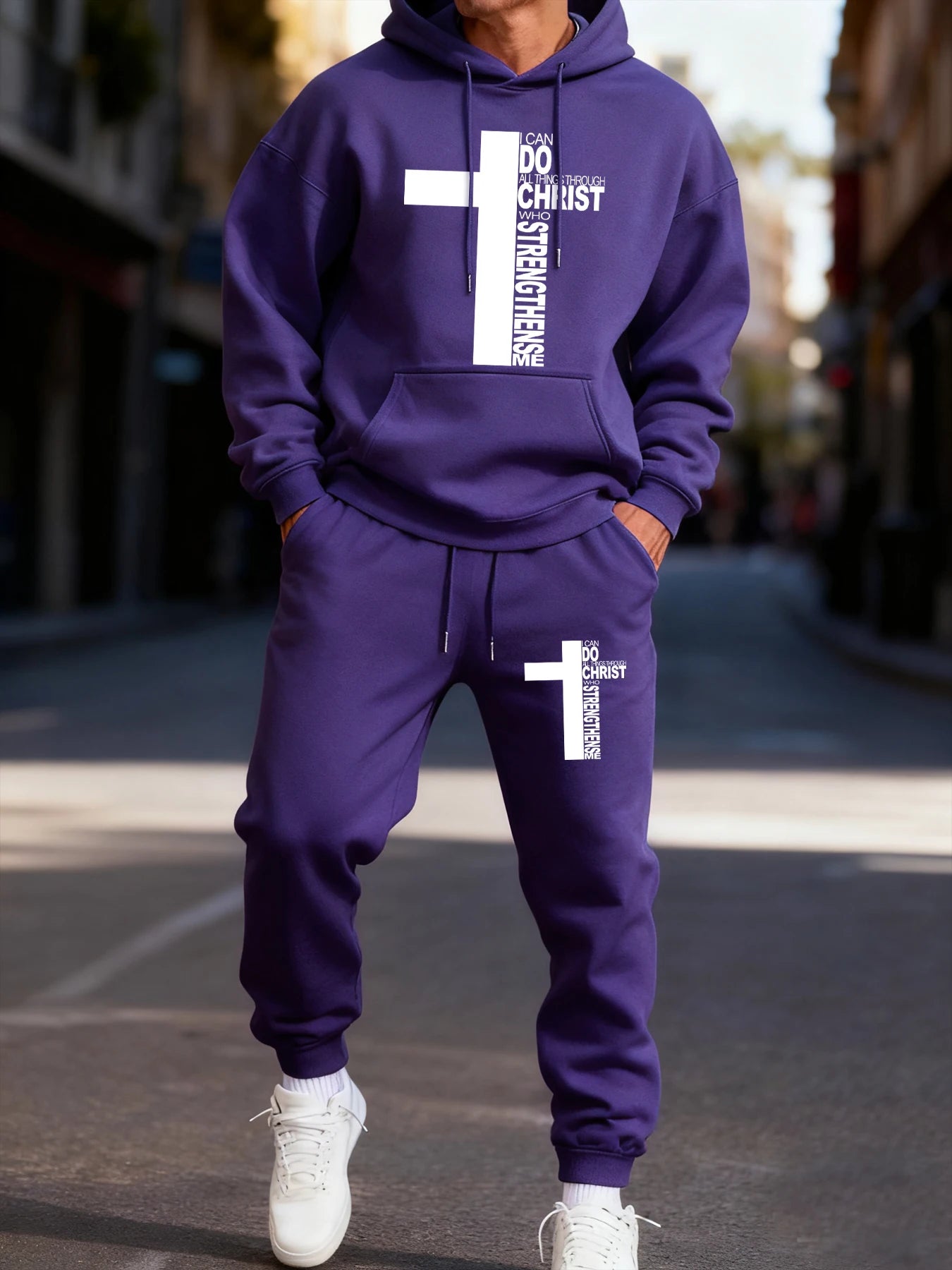 Christ Has Made Me Invincible Printing Man Hoodie Set Sporty Long-Length Two Pices Sets Street Couple'S Hoody Fashion Pants