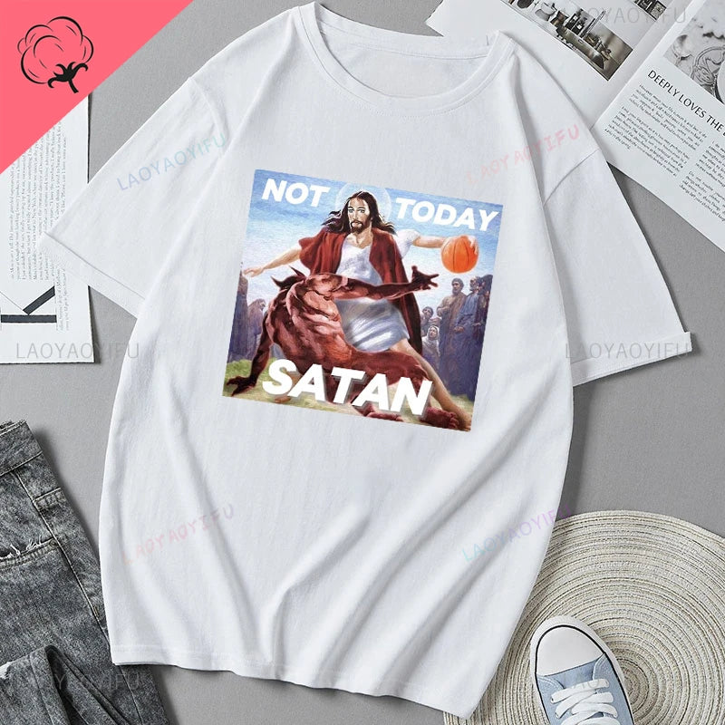 Jesus Vs Satan in A Boxing Match Funny Cotton Men's Clothing Not Today Satan John 14 6 Christian Unisex Street Trend Tshirt