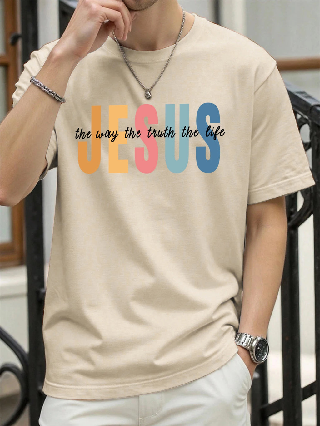 Jesus Color Letter Creative Printed T Shirt Man Summer All-Match Tops O-Neck Hip Hop Short Sleeve Men Cotton Breathable T-Shirts