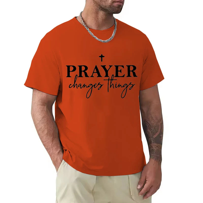 Christian Gift T-Shirt for Men Prayer Changes Things Cross Print Casual O Neck Short Sleeve Tops Perfect for Religious Male Tees