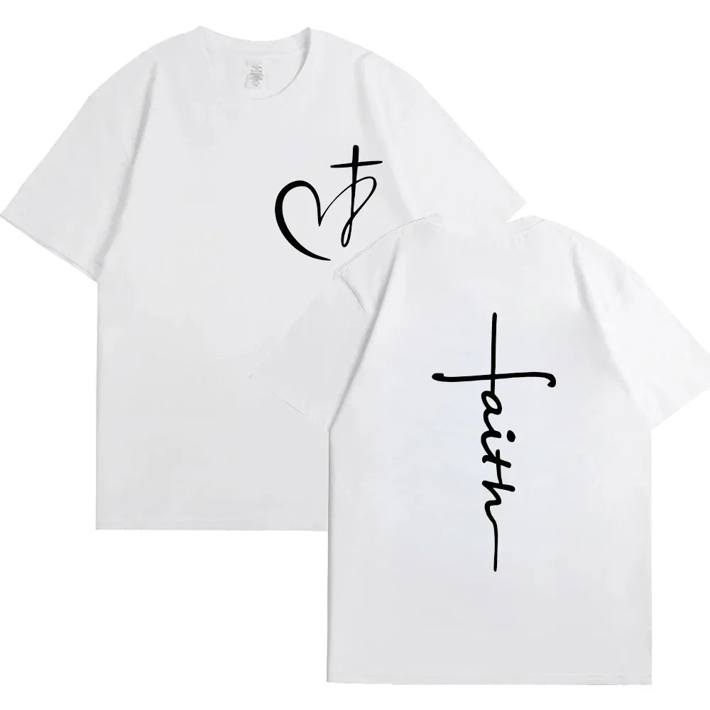 New Women's Heart Cross T-shirt Fashion Faith Jesus Print Female Short Sleeve Shirts Summer Short Sleeve Casual