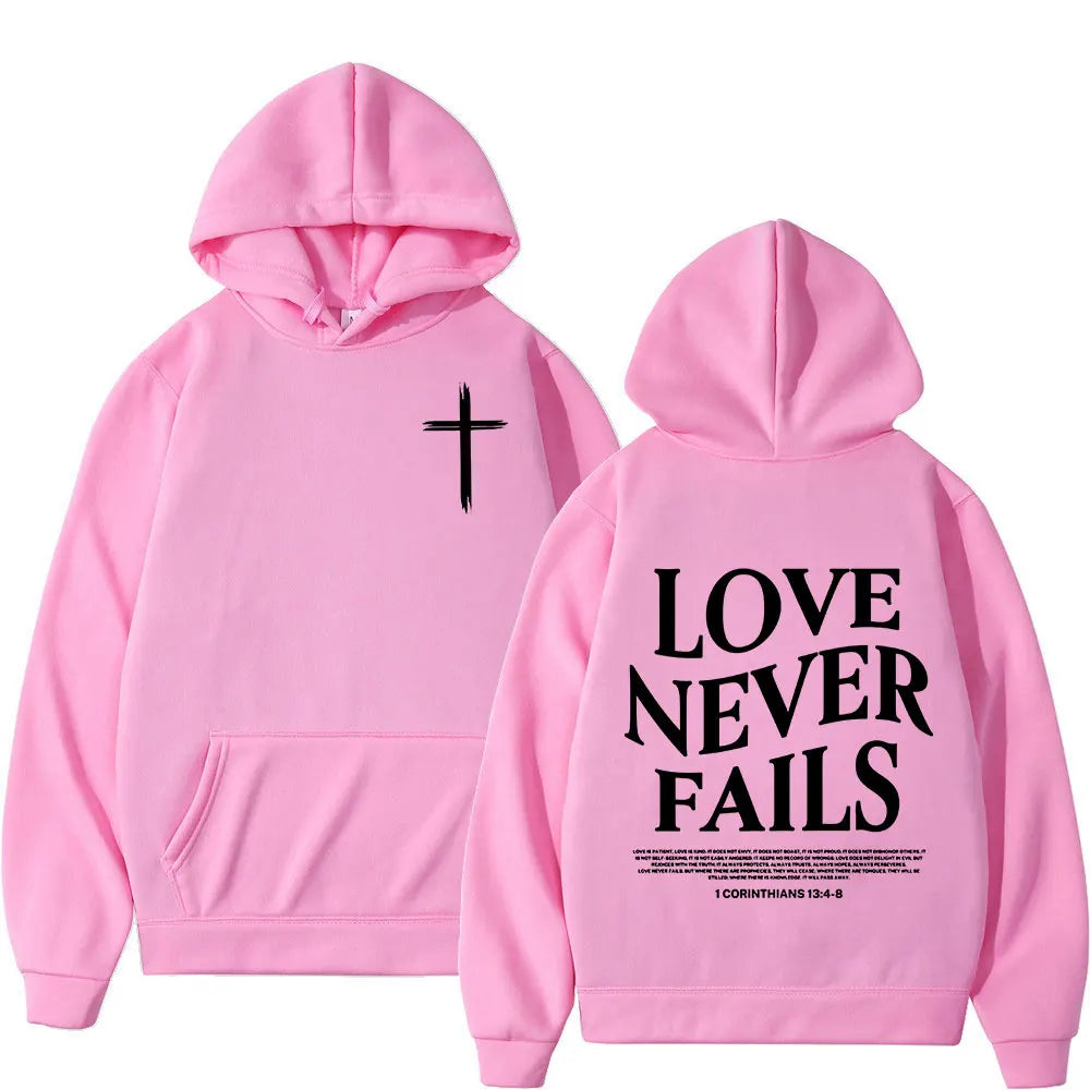 Christian Jesus Love Never Fails Bible Verse Hoodies Men's Women Clothing Harajuku Vintage Hooded Sweatshirts Hip Hop Tracksuit