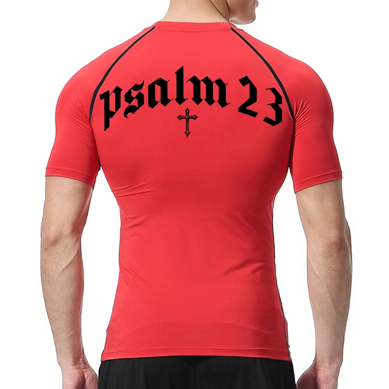 Psalm 23 Cross Print Compression Shirt for Men Sporty Quick Dry Tees Tshirt Tops Gym Workout Fitness Undershirts Baselayers
