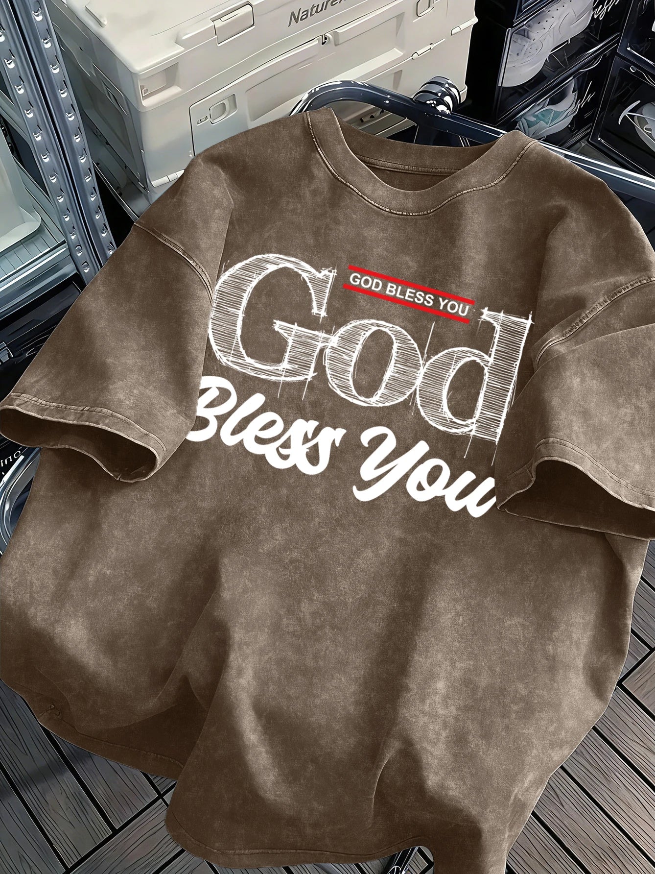 God Bless You Design Snow Washed T-Shirt Mens Summer Loose Retro Short Sleeve Unisex Cotton Top Fashion All-Match Clothing