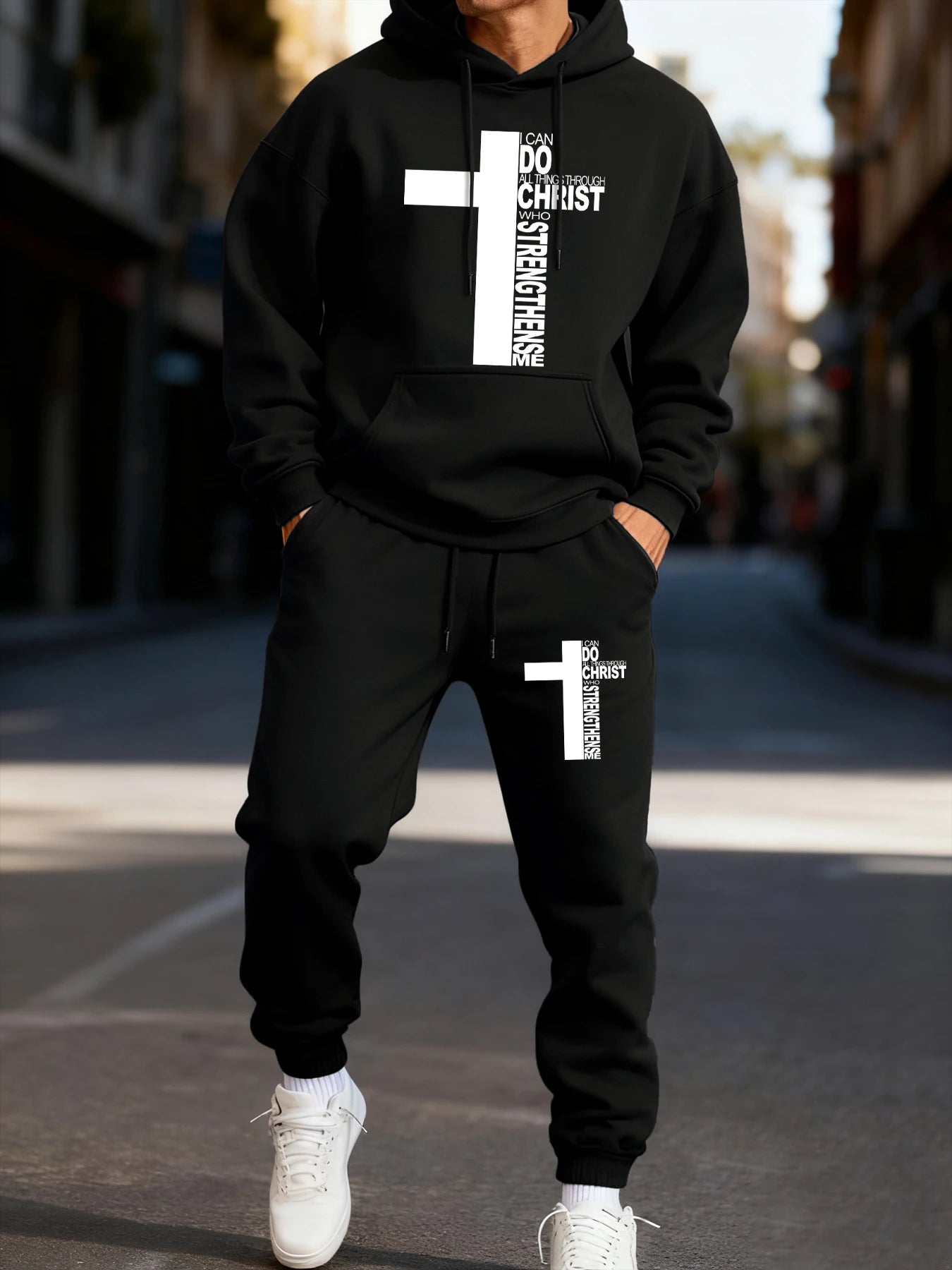Christ Has Made Me Invincible Printing Man Hoodie Set Sporty Long-Length Two Pices Sets Street Couple'S Hoody Fashion Pants