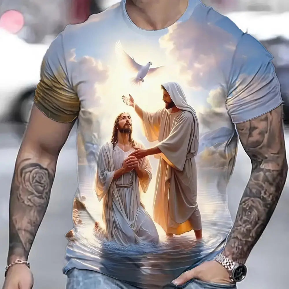Jesus Cross Pattern 3D Print T-Shirts Men's Round Neck Short Sleeve T Shirt Oversized Streetwear Tees Harajuku Tops Man Clothing