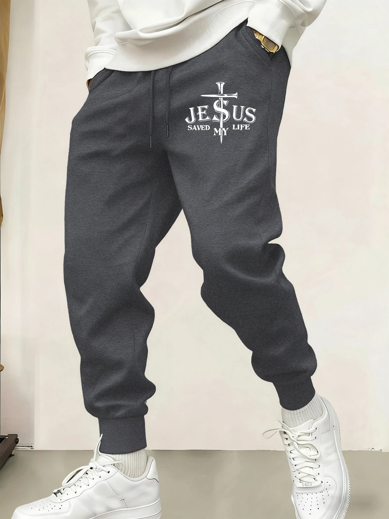 Jesus Saved My Life Letter Printed Male Sweatpants Pocket Warm Britches Comfortable Street Long Pants Y2K Hip Hop Trousers