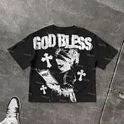 God Bless Children's Prayer Graphic Print Cotton T-shirt Men Women High Quality Tops Vintage Style T Shirt Outside Streetwear