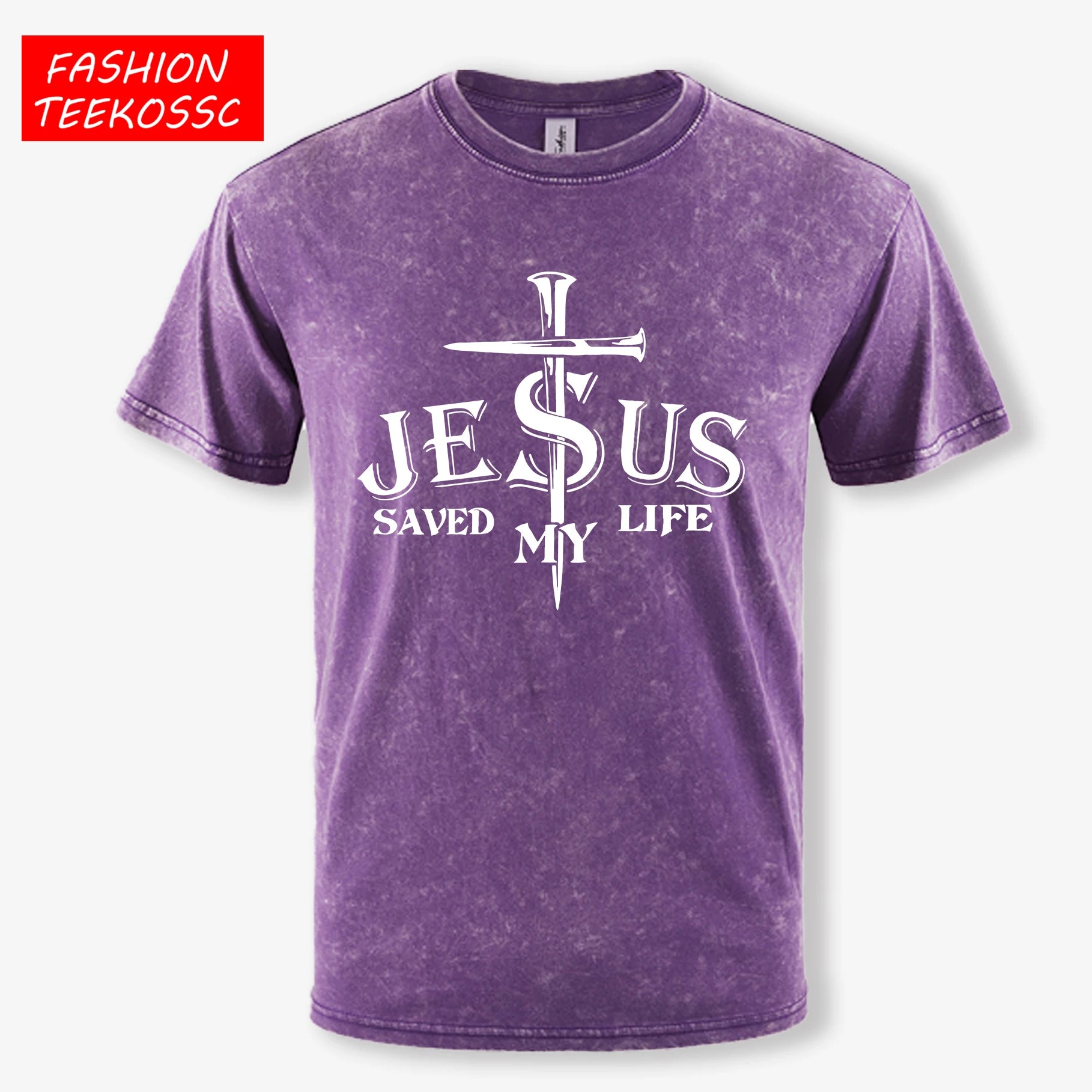 Jesus Saved My Life Letter Graphic Design Washed Mans T Shirt Summer Loose Trendy Tee Soft Cotton Clothes Basics Short Sleeve