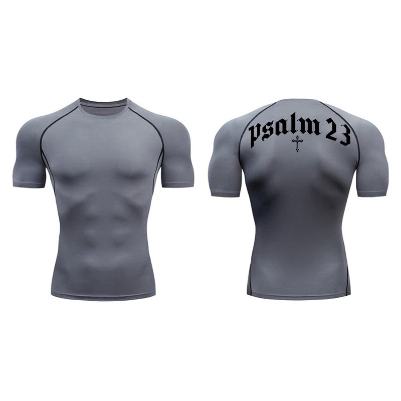 Psalm 23 Cross Print Compression Shirt for Men Sporty Quick Dry Tees Tshirt Tops Gym Workout Fitness Undershirts Baselayers