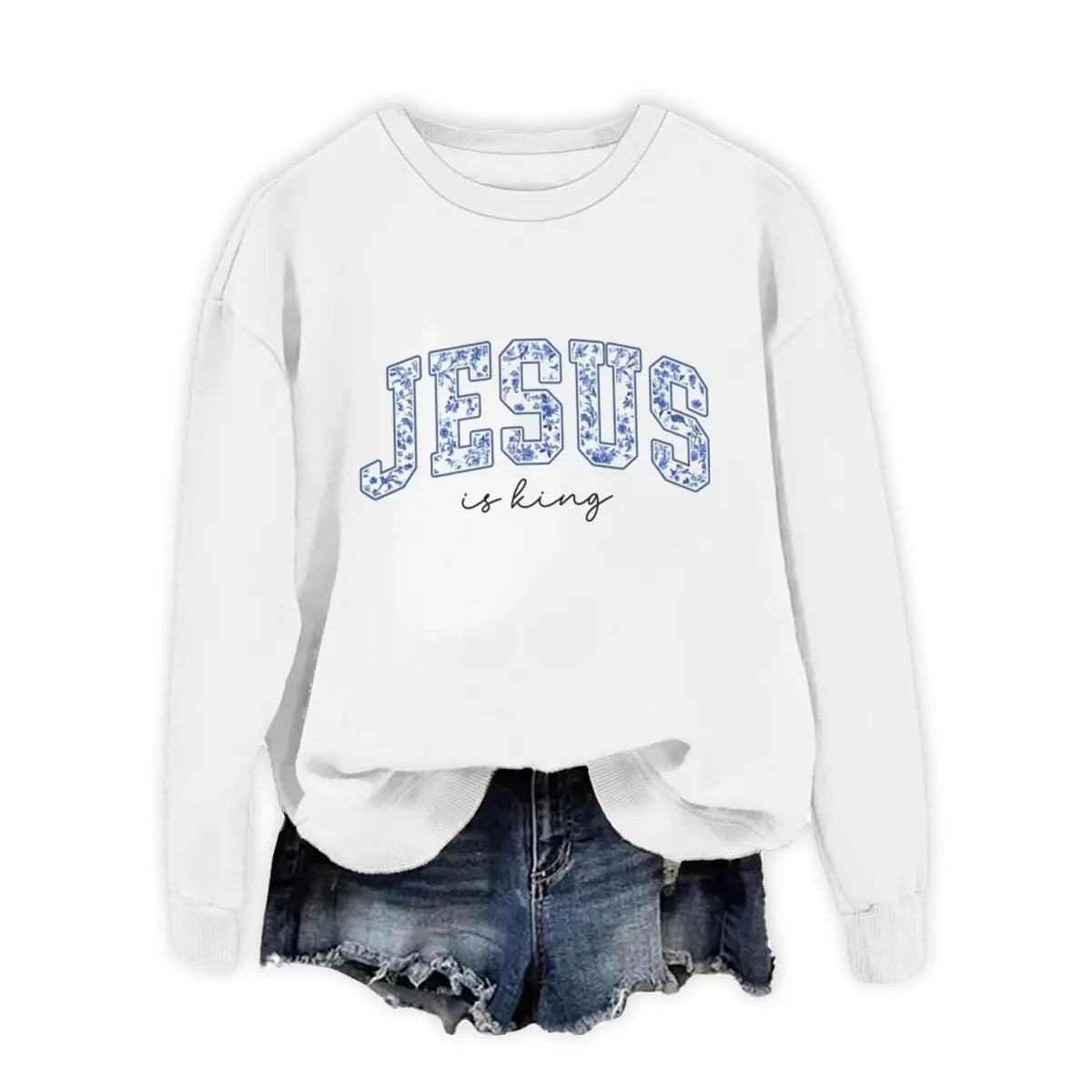 Christian Faith Long Sleeve Pullover Top Comfort Jesus Is King Sweatshirt Christians Blue Floral Jesus Design Women's Sweater