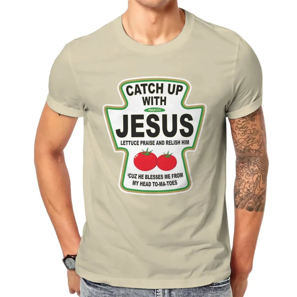 Christian Catch Up With Jesus Ketchup Men's T Shirt Christ Religion Casual Tee Shirt T-Shirts 100% Cotton Printed Tops