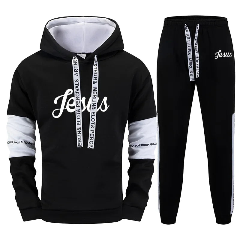Jesus Printed Men's Tracksuit Hoodies Sweatpants Black White Mixing Color Sweatshirts Jogger Pants Urban Fashion Casual Outfits