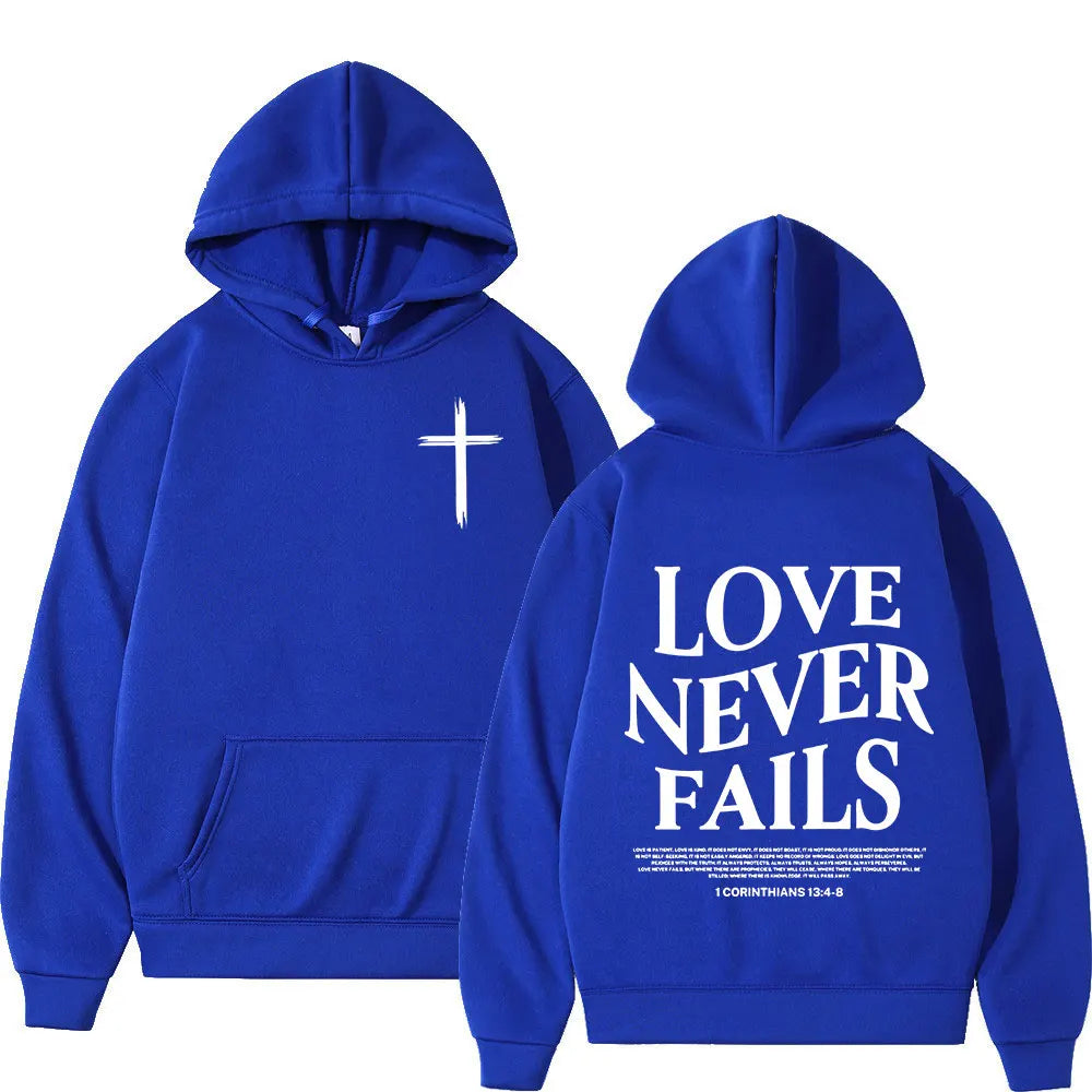 Christian Jesus Love Never Fails Bible Verse Hoodies Men's Women Clothing Harajuku Vintage Hooded Sweatshirts Hip Hop Tracksuit