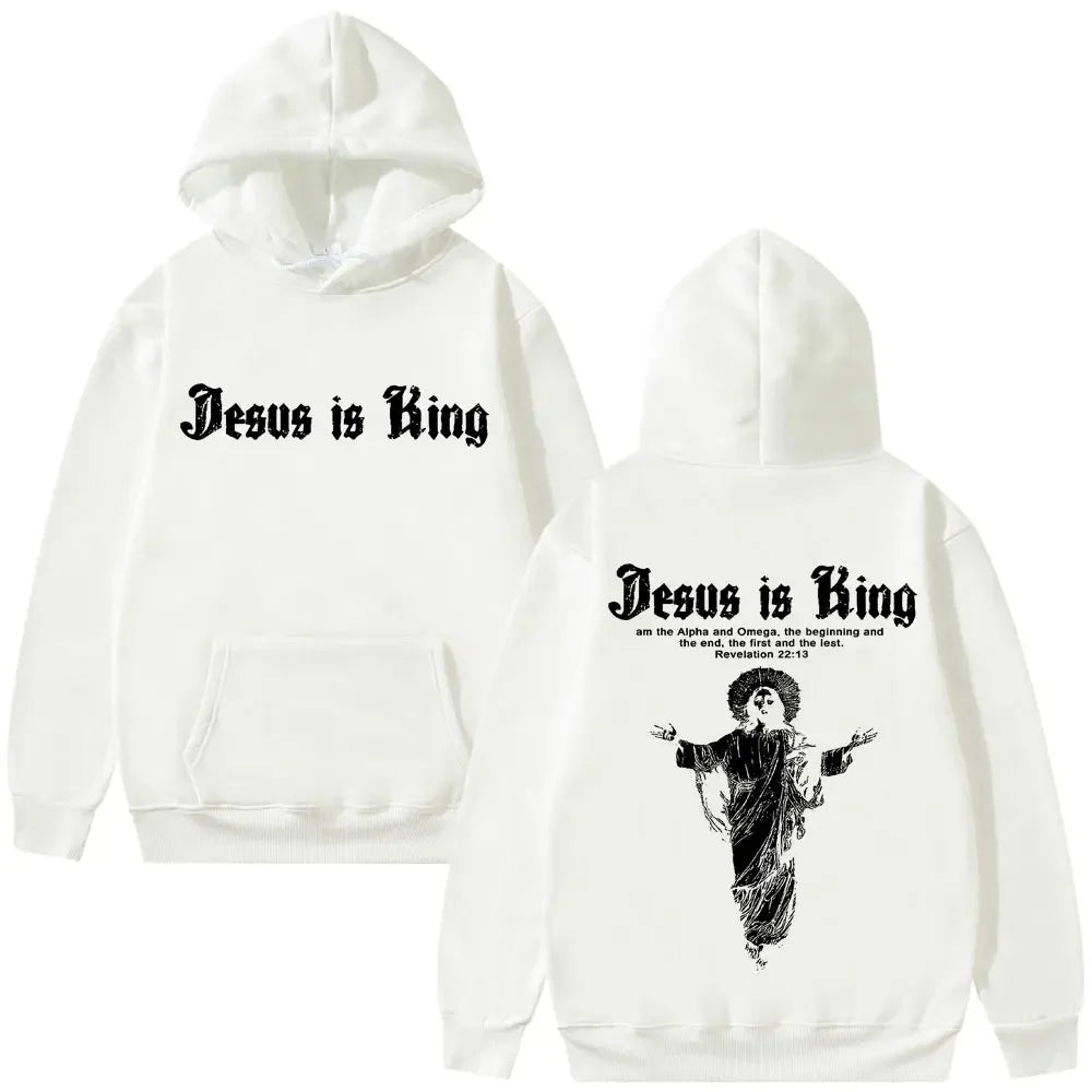 Jesus Is King Print Men Plus-size Hoodie Religious Outdoor Street Casual Fashion Long-sleeve Autumn Fleece Top