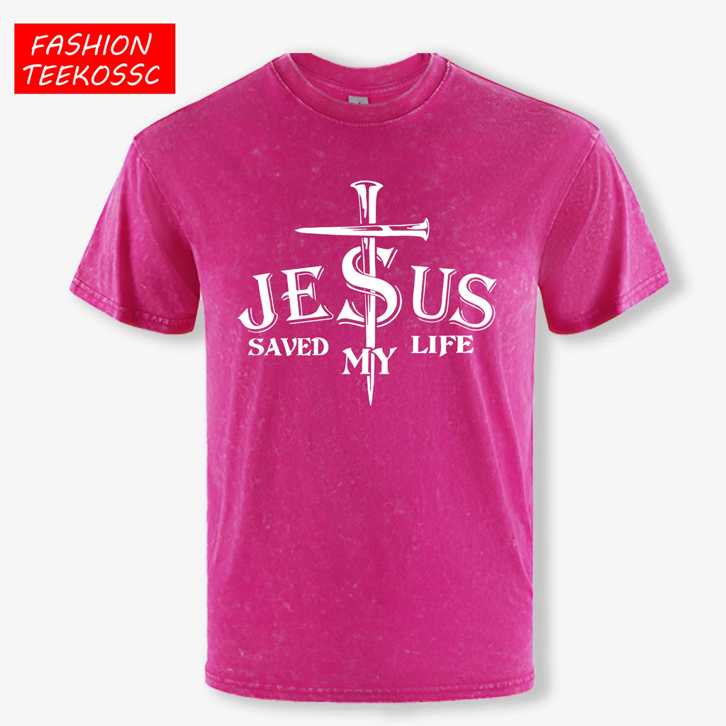 Jesus Saved My Life Letter Graphic Design Washed Mans T Shirt Summer Loose Trendy Tee Soft Cotton Clothes Basics Short Sleeve