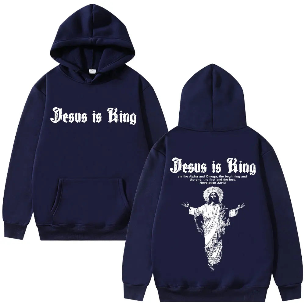 Jesus Is King Print Men Plus-size Hoodie Religious Outdoor Street Casual Fashion Long-sleeve Autumn Fleece Top