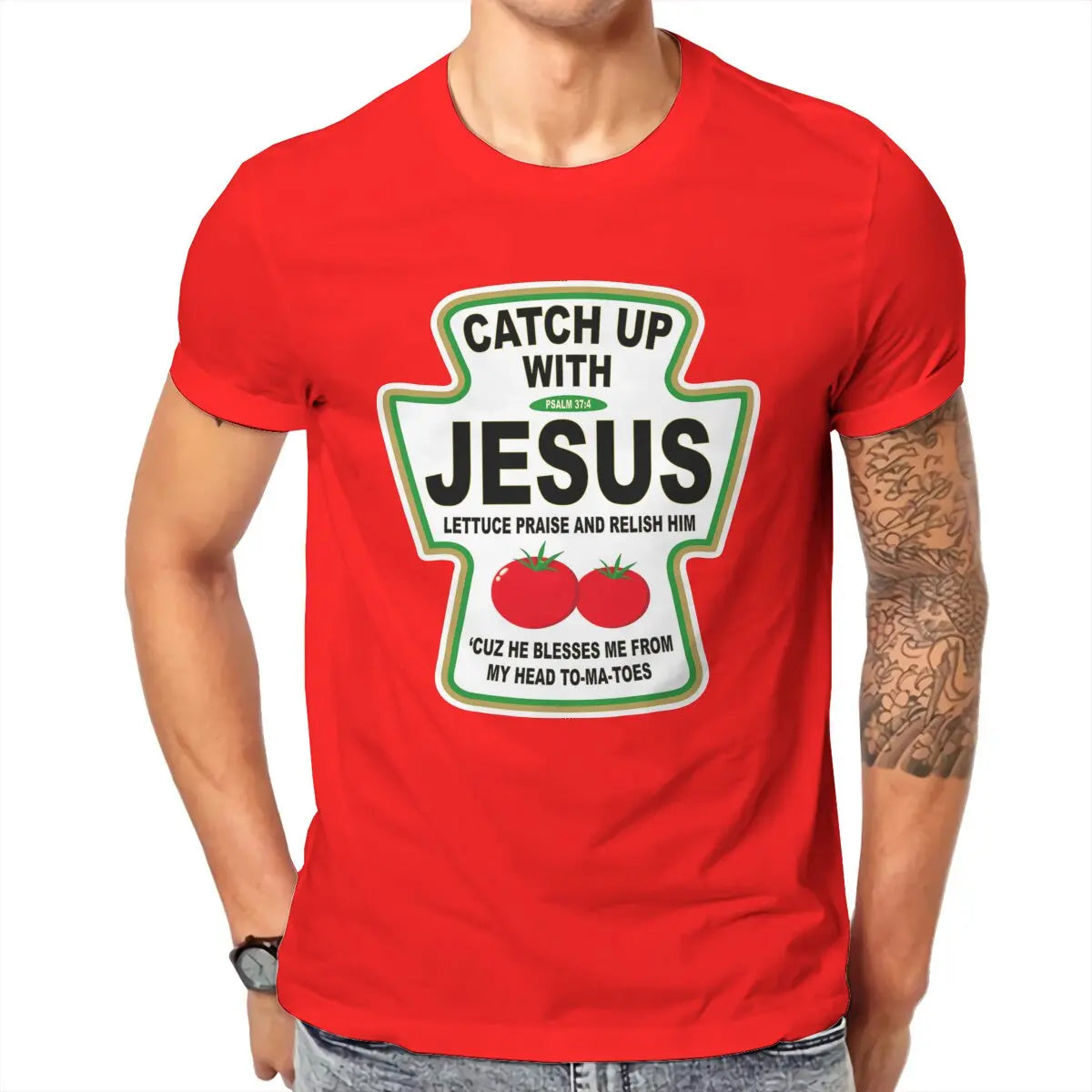 Christian Catch Up With Jesus Ketchup Men's T Shirt Christ Religion Casual Tee Shirt T-Shirts 100% Cotton Printed Tops