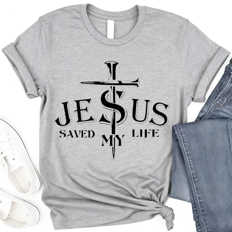 Jesus Saved My Life Jesus Cotton T-shirt, Religious Christian Gift, Church Faith Top God Jesus Love Vertical Cross Crew Neck Tee