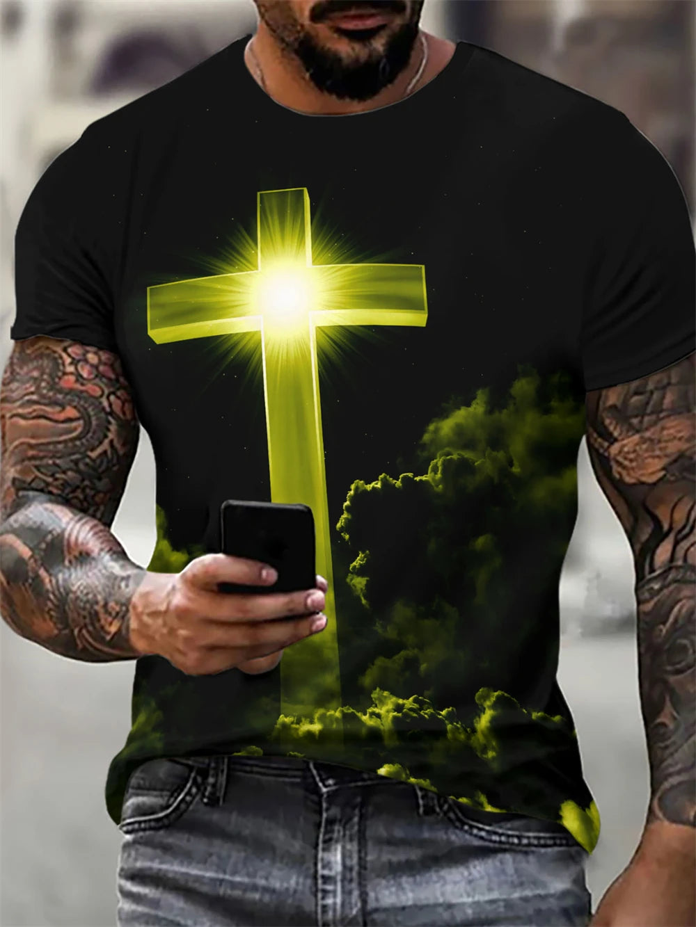 Christian Mens Clothing T Shirts Oversized T Shirt Gothic Jesus Christ Cross 3D Print O-Neck Tops Vintage Hip Hop Short Sleeve