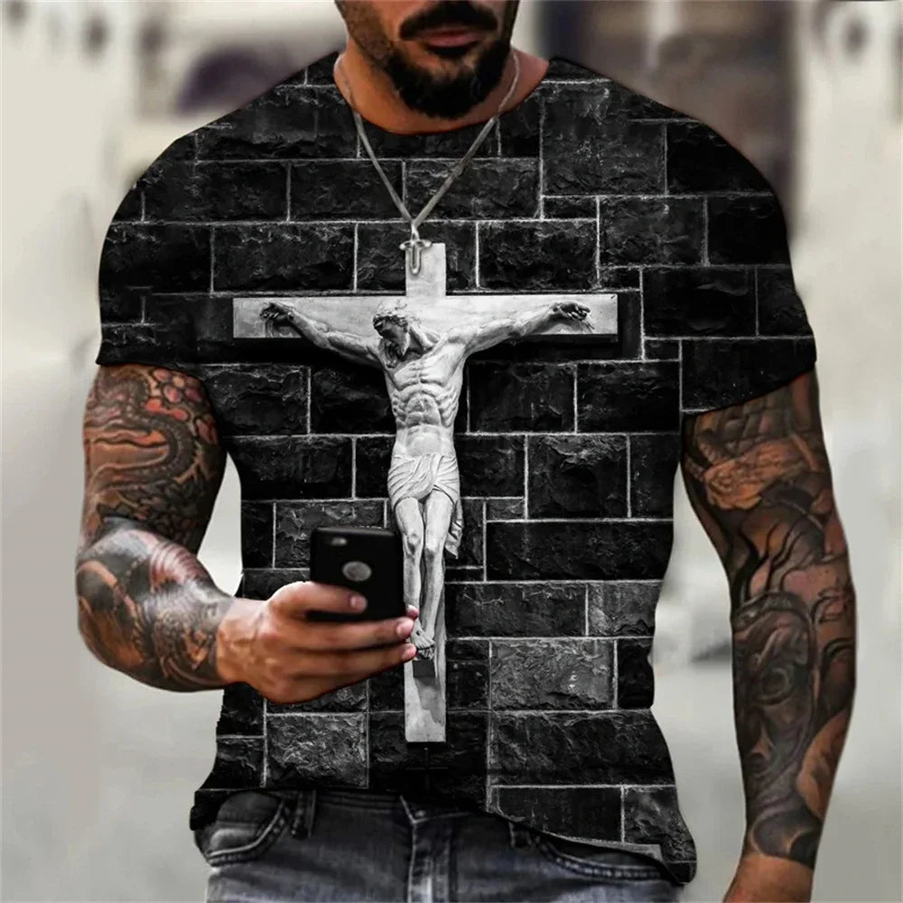 Christian T Shirts Oversized Tee Shirt Gothic Jesus Christ Cross 3D Print O-Neck Tops Vintage Hip Hop Short Sleeve Men Clothing