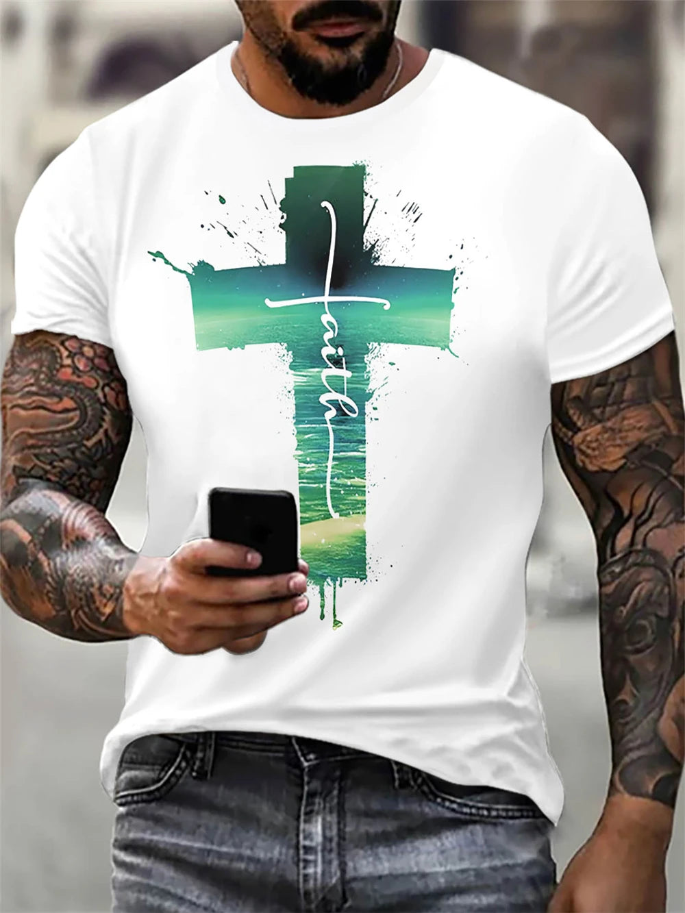 Christian Mens Clothing T Shirts Oversized T Shirt Gothic Jesus Christ Cross 3D Print O-Neck Tops Vintage Hip Hop Short Sleeve