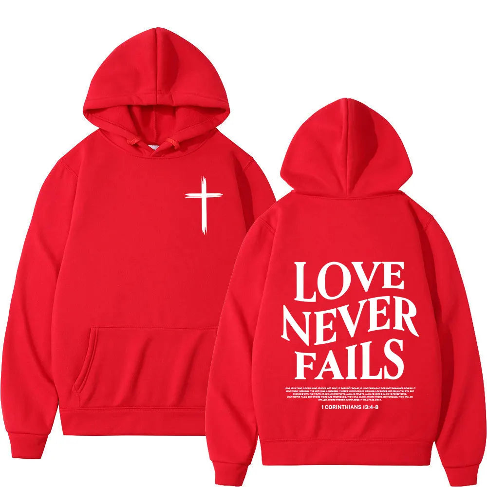 Christian Jesus Love Never Fails Bible Verse Hoodies Men's Women Clothing Harajuku Vintage Hooded Sweatshirts Hip Hop Tracksuit