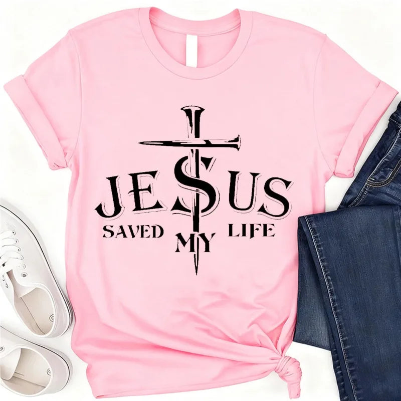 Jesus Saved My Life Jesus Cotton T-shirt, Religious Christian Gift, Church Faith Top God Jesus Love Vertical Cross Crew Neck Tee